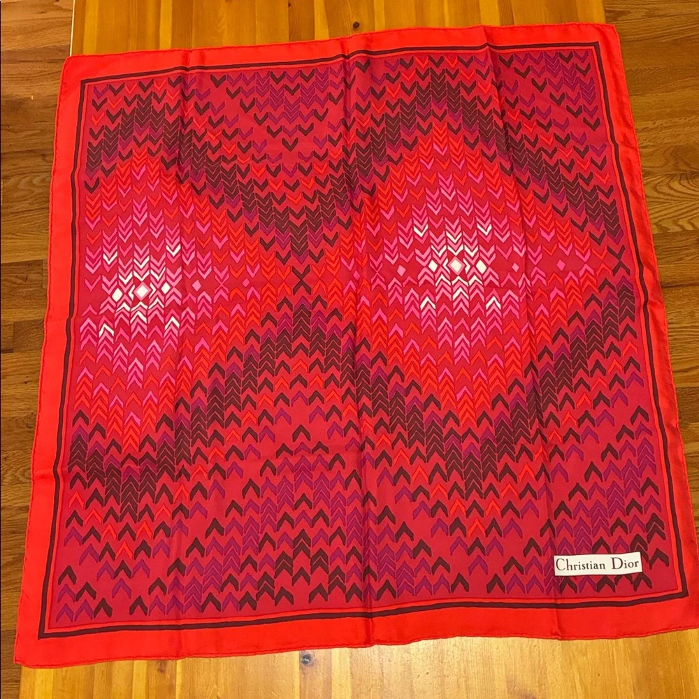 Vintage Christian Dior Silk Vibrant Red and Pink Patterned Scarf